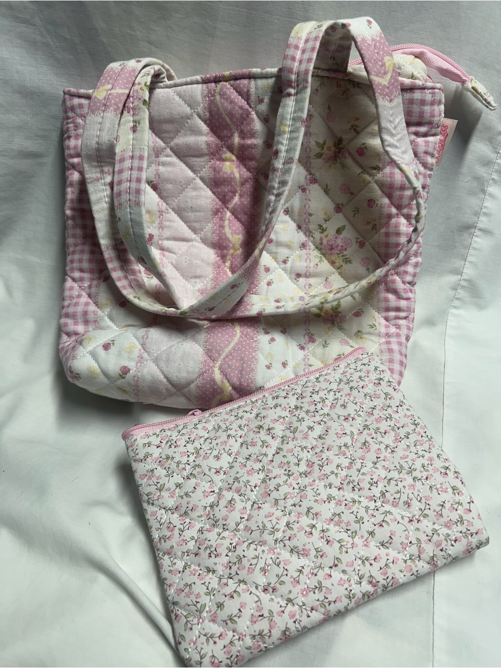 Pink Quilted Patchwork Tote & Zipper Pouch King Kiss Cottagecore NWOT Whimsy